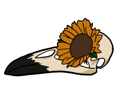 A raven skull with a sunflower in place of an eye socket; created by A Byrd