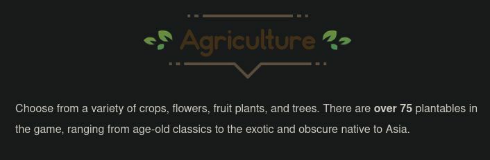 A screenshot from the Coral Island Kickstarter campaign post. It reads: "Agriculture. Choose from a variety of crops, flowers, fruit plants, and trees. There are over 75 plantables in the game, ranging from age-old classics to the exotic and obscure nature to Asia."