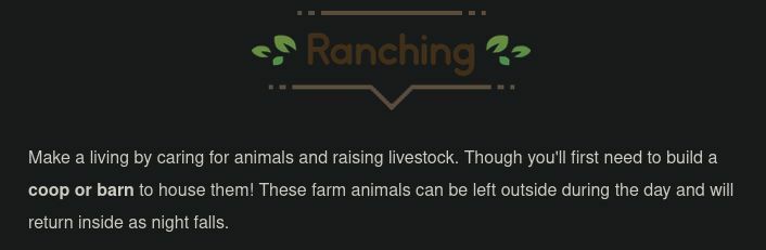 A screenshot from the Coral Island Kickstarter campaign post. It reads: "Ranching. Make a living by caring for animals and raising livestock. Though you'll first need to build a coop of barn to house them! These farm animals can be left outside during the day and will return inside as night falls."