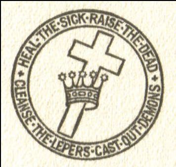 The logo of the Church of Jesus Christ, Scientist. It is circular with a cross inserted into a crown. The text around the outside reads: "Heal the sick Raise the dead Cleanse the lepers Cast our demons."