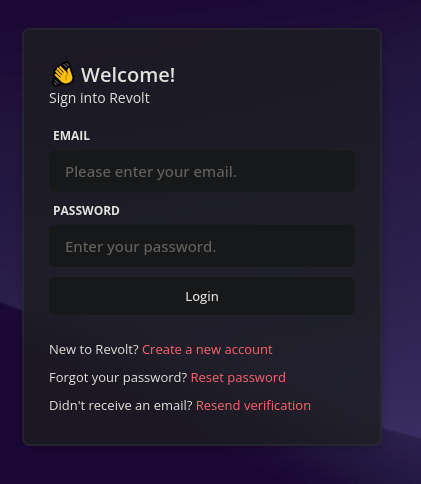 A login screen for Revolt, now Stoat. It showcases the old branding when Stoat was still known as Revolt.