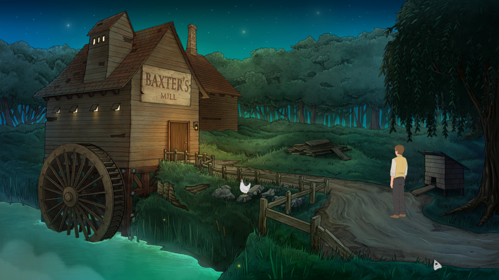 Overlooking a swampy river is a mill with a sign that reads "Baxter's Mill." Outside of the mill is a pile of scrap wood, a chicken coop, and a small wooden fence that lines the road up to the mill. On the cliff side of the fence is a tiny white chicken -- Doris -- who is defiantly looking out over the water.