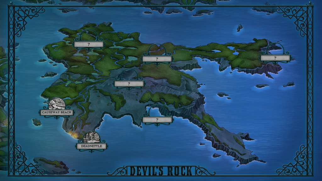 The map of Devil's Rock island, where the game takes place. Only two locations are marked on the map -- Causeway Beach and Deadnettle. The other five locations are unknown.