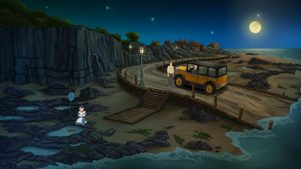 A seaside cliff overlooks some tide pools, a long dirt road curves around the beach towards a small town. There is an older 1920's era car on the road, the driver is leaning out the window to talk to the main character -- Murphy -- who is wearing a yellow vest. A little girl is looking unhappily at one of the tide pools. Her arms are crossed against her chest and she seems disinterested in the blue balloon floating next to her.