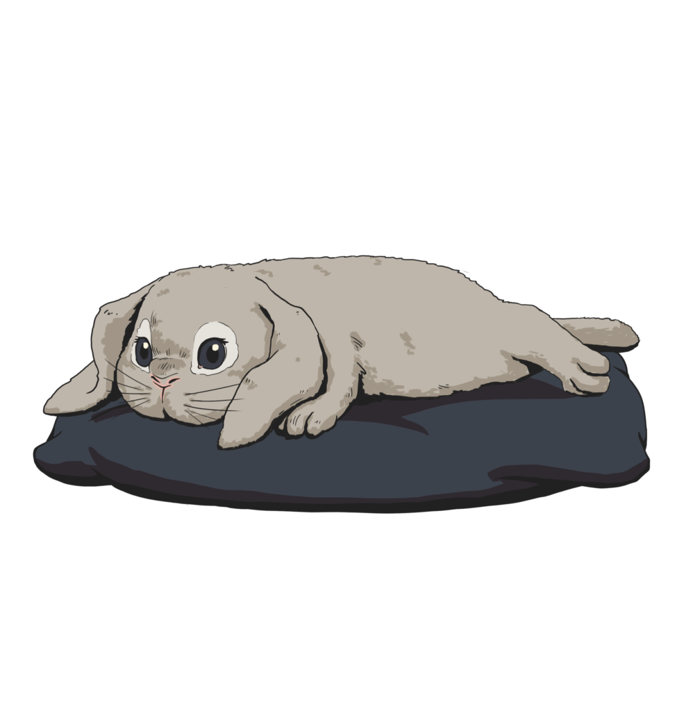 A grey bunny is flopped on a darker grey pillow. There are white rings around its eyes and it has soft looking floppy ears.