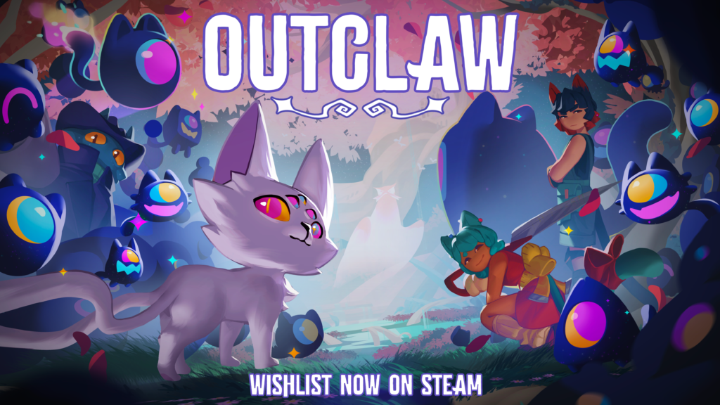 Digital art of a five-eyed white cat with many one-eyed shadow creatures around it. There are two bipedal cat people on the right that are looking back at the viewer. Another frog-like creature in a trench coat stands behind the white cat in the foreground. The text reads: Outclaw whishlist now on Steam.