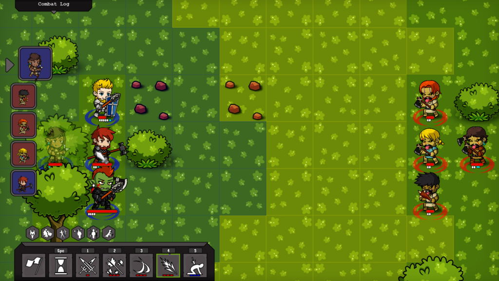 A screenshot of a pixel style battle between two teams of four sprites. A grid overlay can be seen, meant to mark movement. In the bottom left corner is an action bar that includes actions users can take on their turn like blocking, attacking, or spells. Above that is a turn order list represented by the pixel sprites.