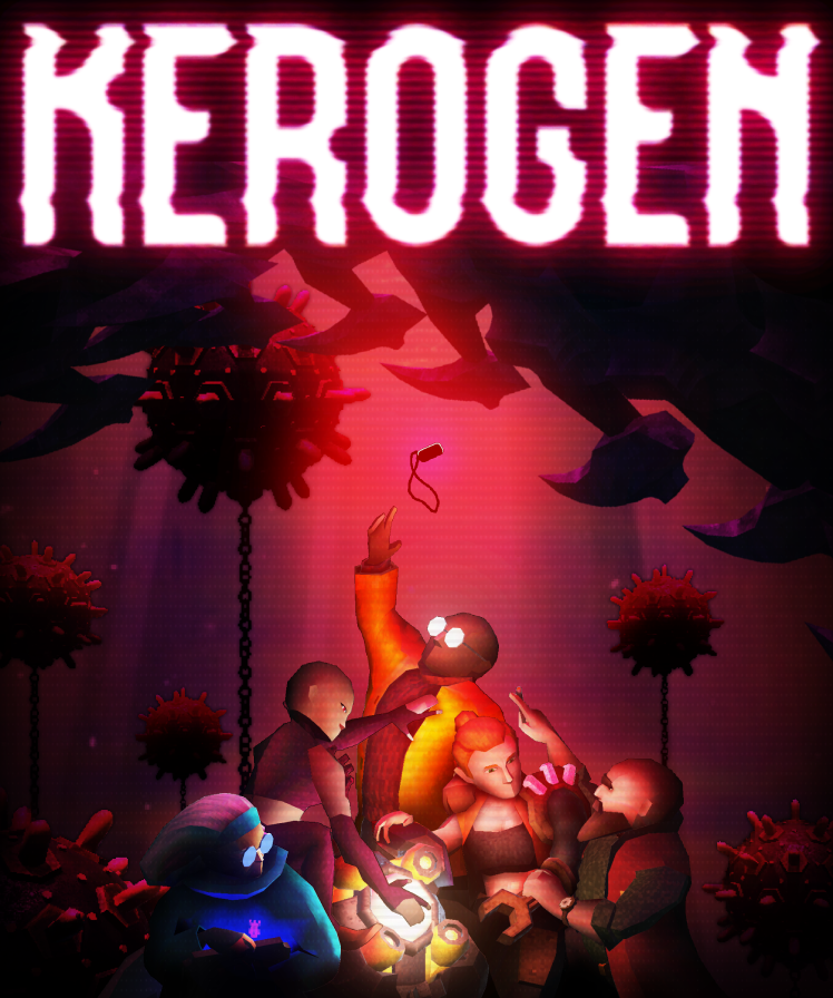 A heavily red image of a group of five people in an underwater minefield. All five character models are done in a soft polygon PSX style. Across the top reads Kerogen in a stylized font.