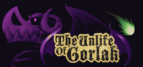 A pixel style image of a bone dragon, done in purple, with the text The Unlife of Gorlak in a stylized pixel font in front