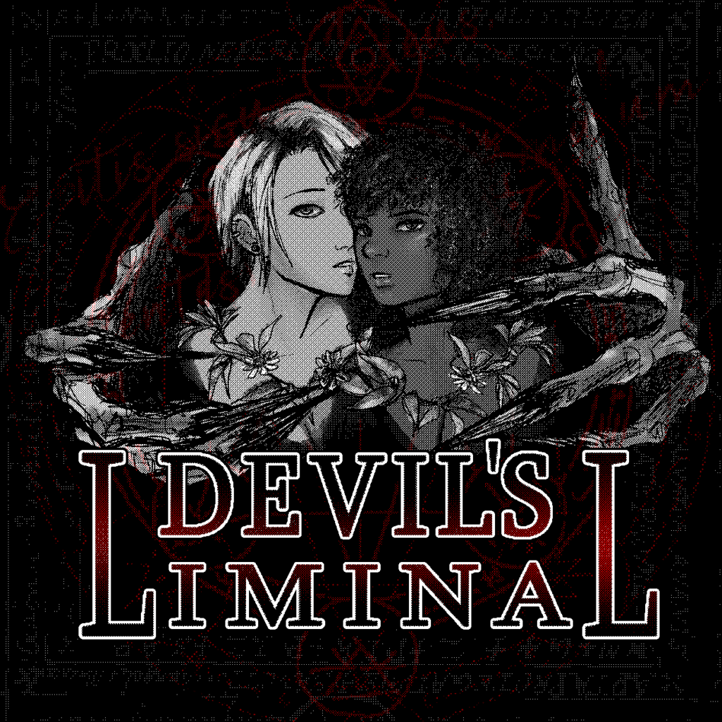 Key art from Devil's Liminal. It features the logo over top of an image of the two female love interests -- Clara and Bec. Demonic looking hands frame the pair. Behind them is a black and red design of a sigil.