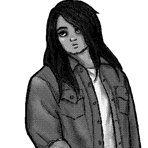 An image from Devil's Liminal of the protagonist, Margo. She has long dark hair, a sad seeming expression, and wears what looks like a denim button down shirt over a white t-shirt.