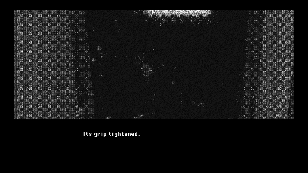 An in-game image from Devil's Liminal. It shows a darkened doorway, there's something indistinct in the shadows. Text at the bottom of the screenshot reads: "Its grip tightened."