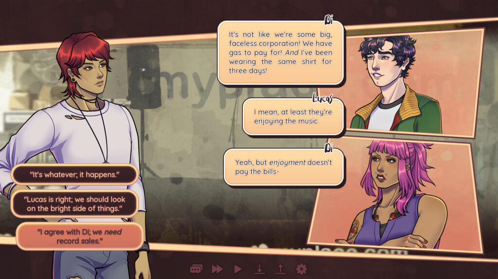 An in-game screenshot from summer haze/glory days. It features three characters having a discussion, one of them the player character and the other two are bandmates -- Lucas and Di. Di and Lucas are discussing why pirating music is bad for indie bands because it doesn't help them pay the bills. The player has three conversation choices to choose from.