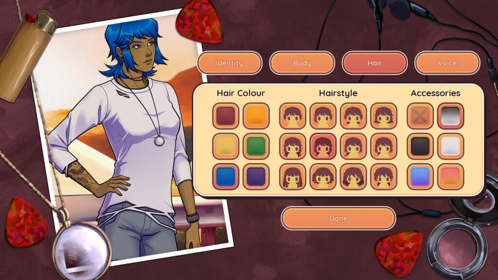 An in-game screenshot from summer haze/glory days. It features a blue haired tanned skinned character with a bat tattoo on their forearm. Tabs across the top of the selector list things like: identity, body, hair, and voice. The Hair tab is currently selected and it presents six colors for color, 12 hairstyles, and six accessory colors.