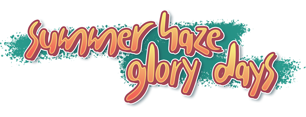 The logo for summer haze/glory days. It's written in a rounded yellow-orange ombre font over top of a spray paint styled green highlight.